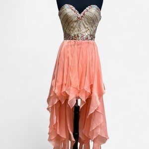 Sherri Hill Strapless Peach High-Low Prom Dress with Embellished Gold Bodice